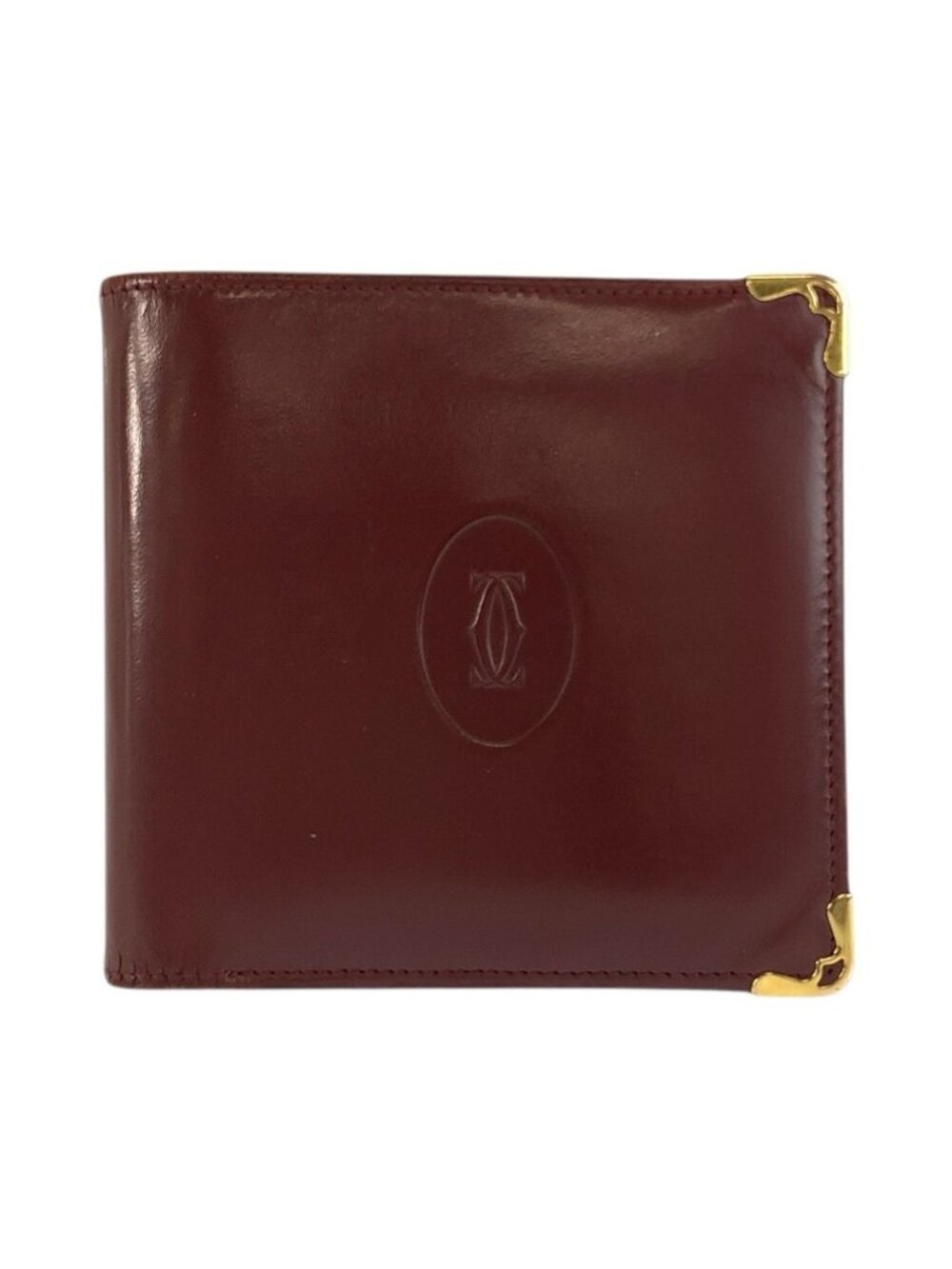 Cartier Must Line Wine Red Gold Leather Folded Wallet Compact